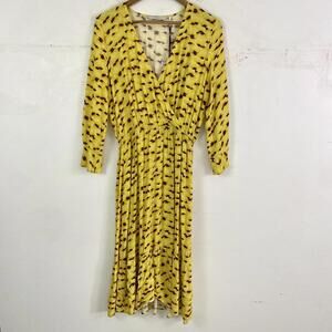NUMPH yellow brown flower petal pattern long sleeve midi dress